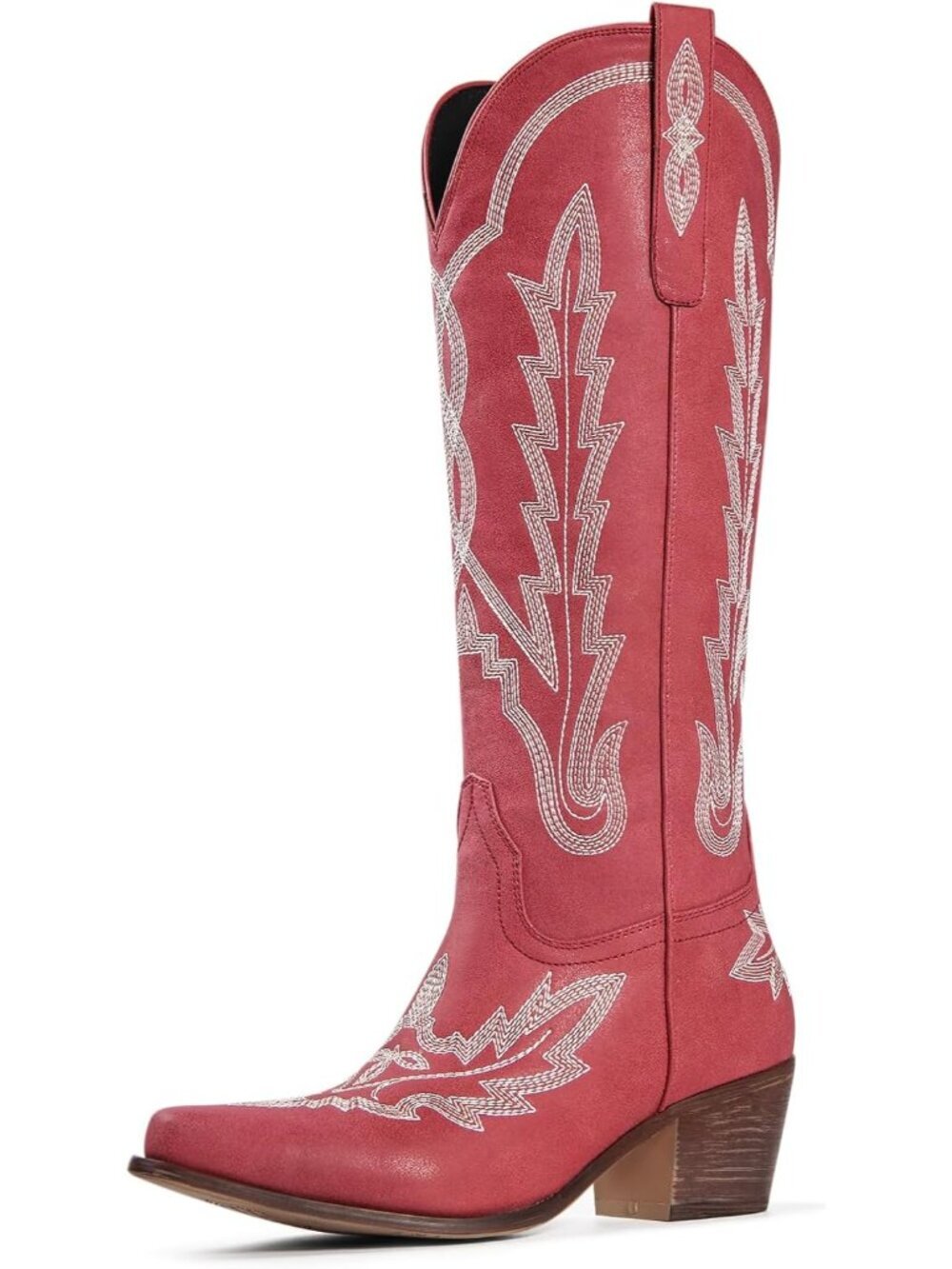 Women's Red Knee High Classic Embroidered Pull On Pointed Toe Chunky Heel Boots